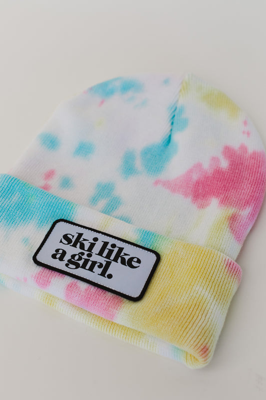 White Tie-Dye Beanie with Patch